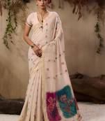 off white floral embroidered muga cotton saree with unstitched blouse