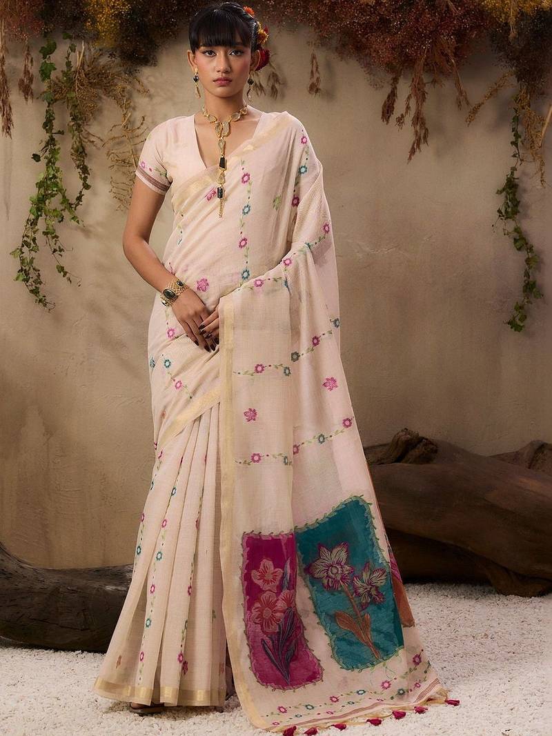 off white floral embroidered muga cotton saree with unstitched blouse