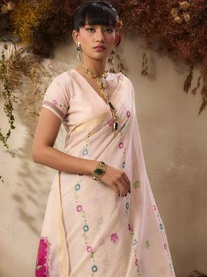 off white floral embroidered muga cotton saree with unstitched blouse 2