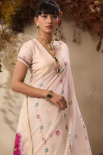 off white floral embroidered muga cotton saree with unstitched blouse