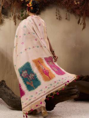 off white floral embroidered muga cotton saree with unstitched blouse 3