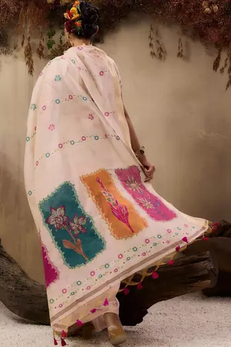 off white floral embroidered muga cotton saree with unstitched blouse