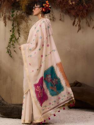 off white floral embroidered muga cotton saree with unstitched blouse 4