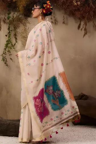 off white floral embroidered muga cotton saree with unstitched blouse
