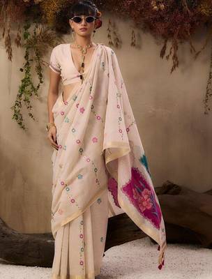 off white floral embroidered muga cotton saree with unstitched blouse 5
