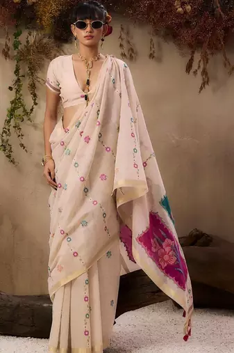 off white floral embroidered muga cotton saree with unstitched blouse