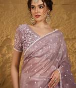 lavender floral embroidered chiffon saree