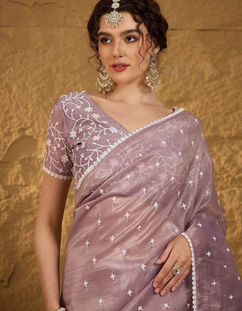 lavender floral embroidered chiffon saree