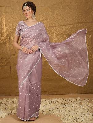 lavender floral embroidered chiffon saree 5