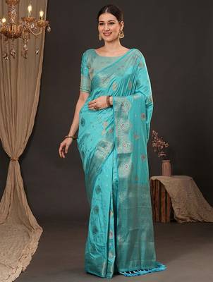 Blue woven design zari silk blend banarasi saree 1
