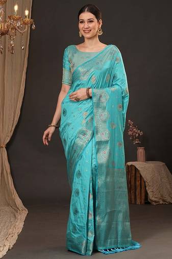 Blue woven design zari silk blend banarasi saree