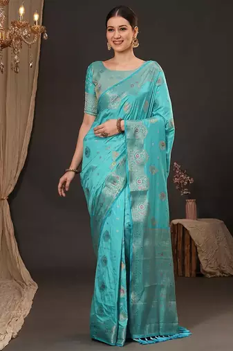 Blue woven design zari silk blend banarasi saree