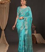 Blue woven design zari silk blend banarasi saree