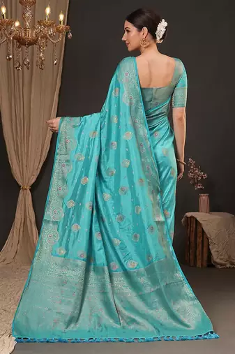Blue woven design zari silk blend banarasi saree