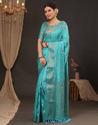 Blue woven design zari silk blend banarasi saree 3