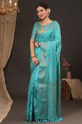 Blue woven design zari silk blend banarasi saree