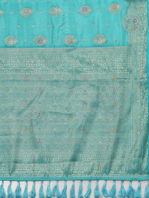 Blue woven design zari silk blend banarasi saree 4