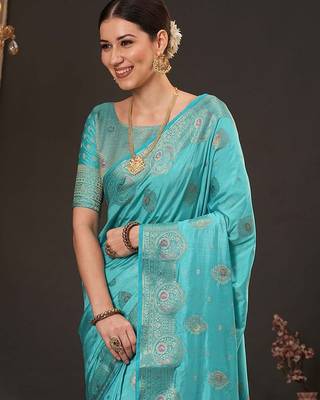 Blue woven design zari silk blend banarasi saree 5
