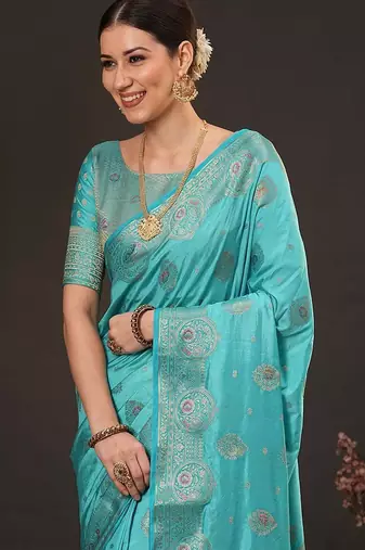 Blue woven design zari silk blend banarasi saree