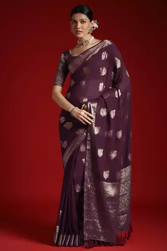 burgundy ethnic motifs georgette designer banarasi saree