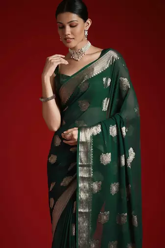 green ethnic motifs woven design zari georgette banarasi saree