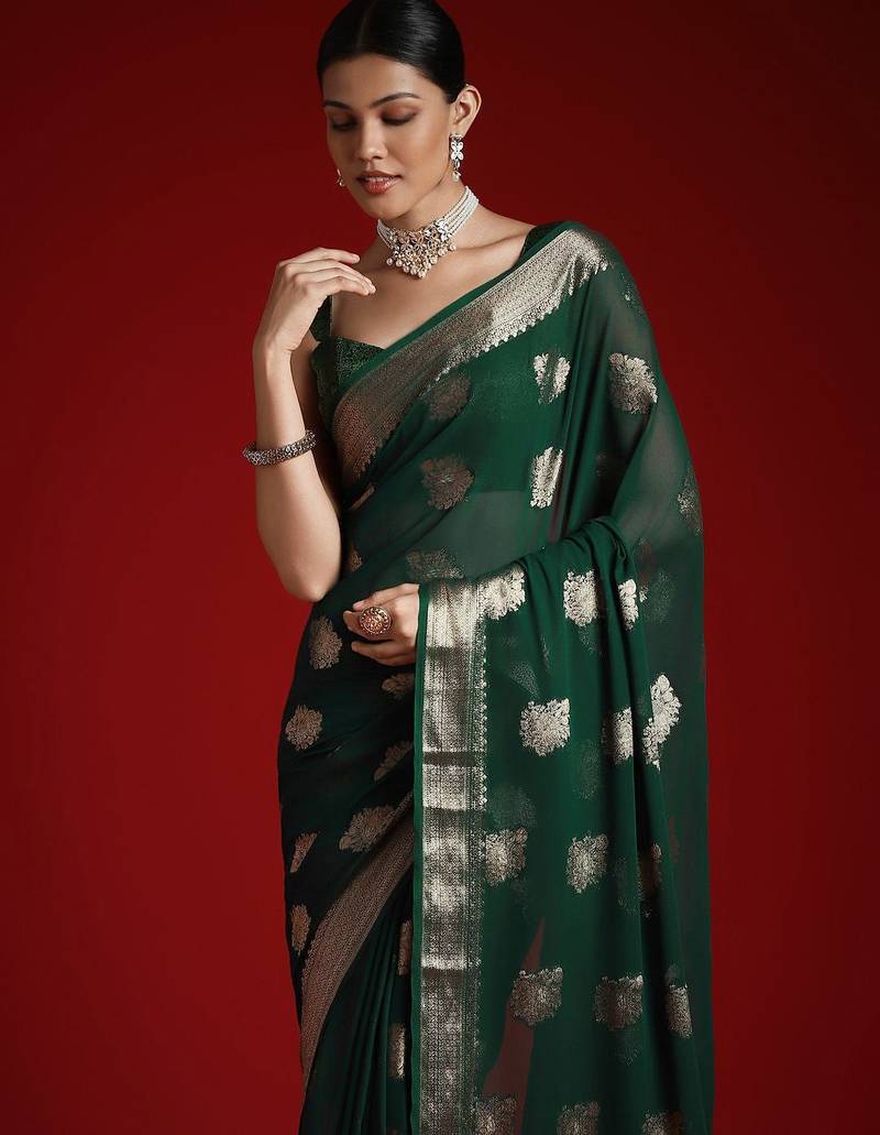 green ethnic motifs woven design zari georgette banarasi saree