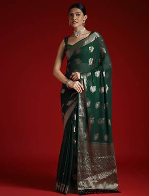 green ethnic motifs woven design zari georgette banarasi saree 2