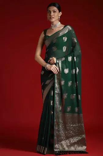 green ethnic motifs woven design zari georgette banarasi saree
