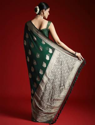 green ethnic motifs woven design zari georgette banarasi saree 3