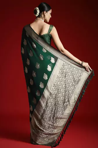 green ethnic motifs woven design zari georgette banarasi saree