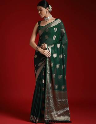 green ethnic motifs woven design zari georgette banarasi saree 4