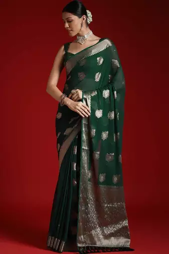 green ethnic motifs woven design zari georgette banarasi saree