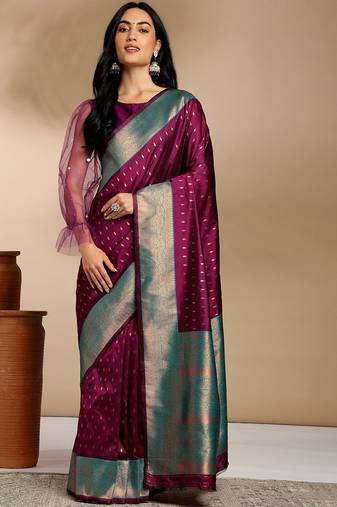 purple & gold-toned ethnic motifs woven design zari kanjeevaram saree