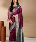 purple & gold-toned ethnic motifs woven design zari kanjeevaram saree