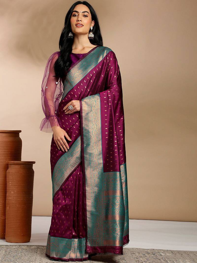 purple & gold-toned ethnic motifs woven design zari kanjeevaram saree