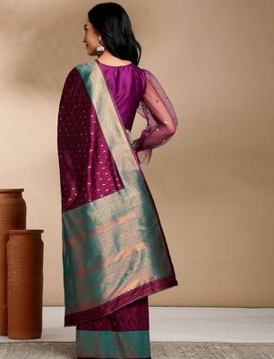 purple & gold-toned ethnic motifs woven design zari kanjeevaram saree 2