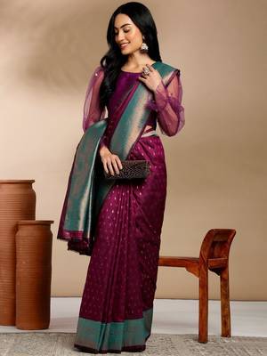 purple & gold-toned ethnic motifs woven design zari kanjeevaram saree 3