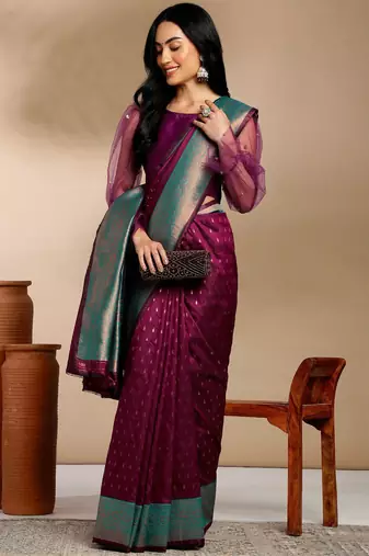purple & gold-toned ethnic motifs woven design zari kanjeevaram saree