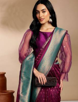purple & gold-toned ethnic motifs woven design zari kanjeevaram saree 4