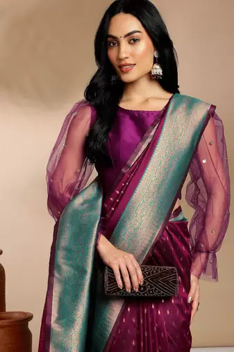 purple & gold-toned ethnic motifs woven design zari kanjeevaram saree