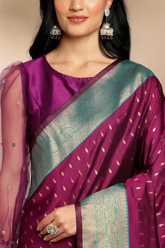 purple & gold-toned ethnic motifs woven design zari kanjeevaram saree