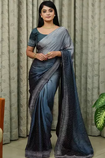 teal art silk blend ombre stone work saree