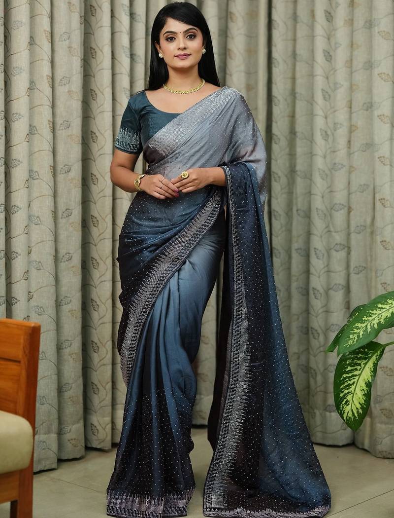 teal art silk blend ombre stone work saree
