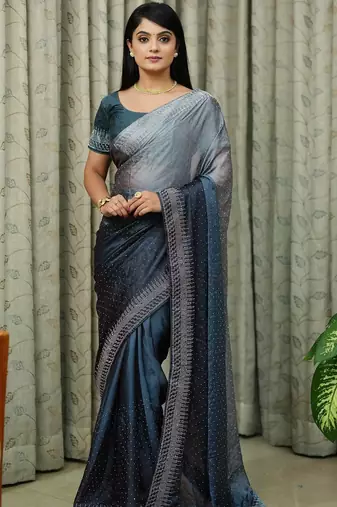 teal art silk blend ombre stone work saree