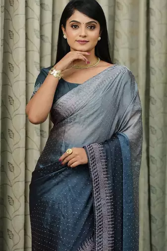 teal art silk blend ombre stone work saree