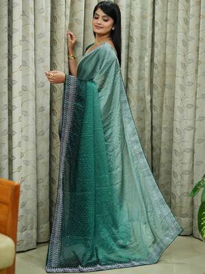 green art silk blend ombre stone work saree 3