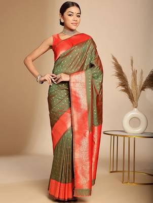 brown ethnic woven design zari art silk blend banarasi saree 1