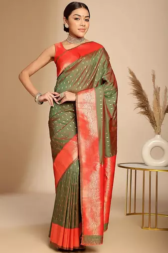 brown ethnic woven design zari art silk blend banarasi saree