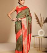 brown ethnic woven design zari art silk blend banarasi saree