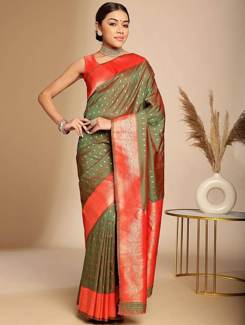 brown ethnic woven design zari art silk blend banarasi saree
